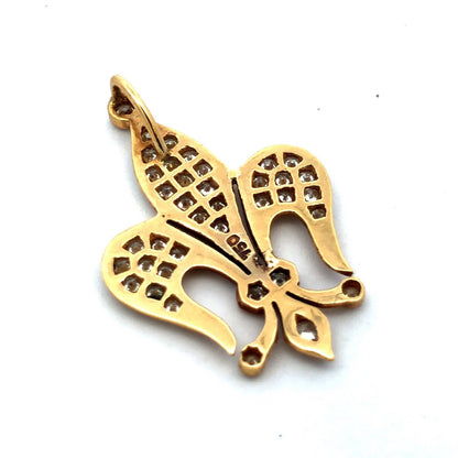 Estate 18K Yellow Gold Round Diamond Fleur De Lis French Religious Pendant