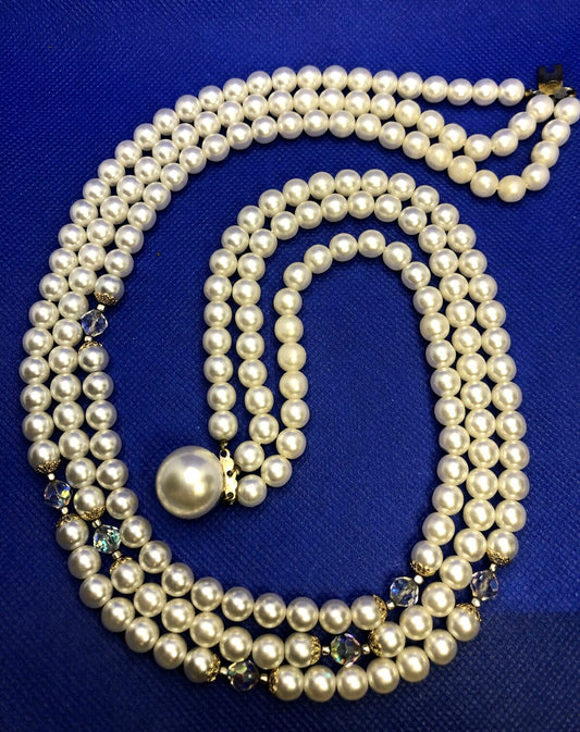 Mid Century Japan Faux Pearl & Crystal Bead 3 Strand Statement Choker Necklace