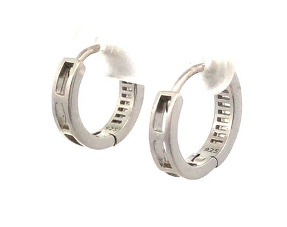 Designer N 925 Sterling Silver Baguette Cubic Zirconia CZ Huggie Hoop Earrings