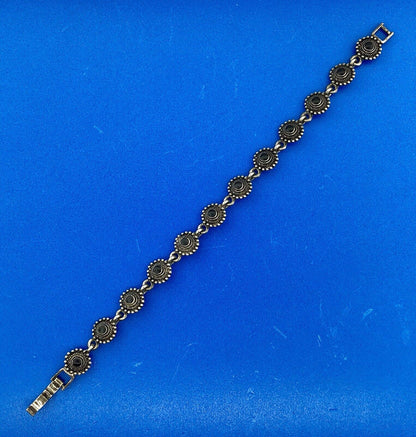 Charming Silver Tone Black Onyx Cabochon Floral Petite Bead Panel Bracelet
