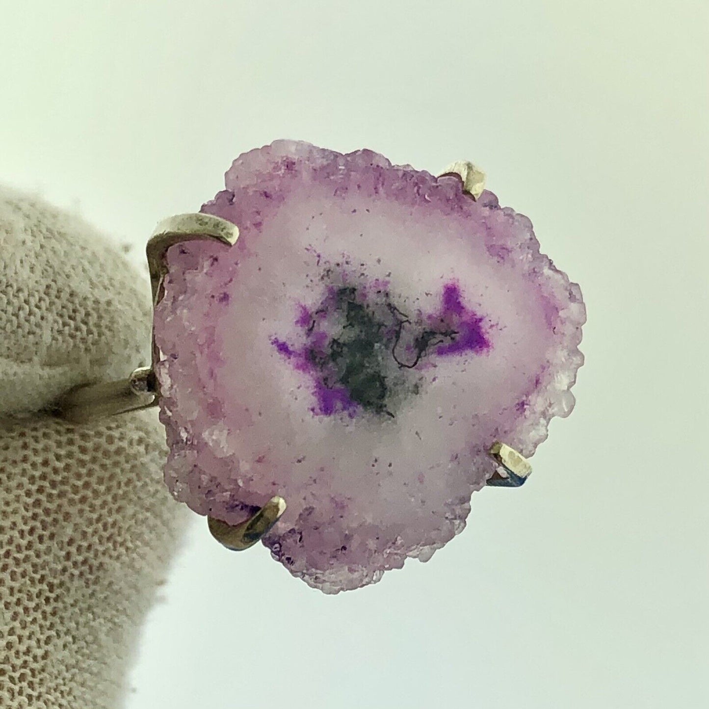 Retro 925 Sterling Silver Purple Fuschia Pink White Druzy Quartz Statement Ring