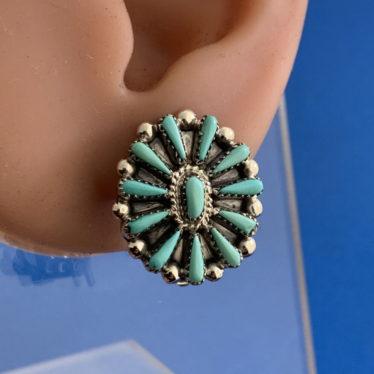 Turquoise Cabochon 925 Sterling Silver Native American Clip On Earrings