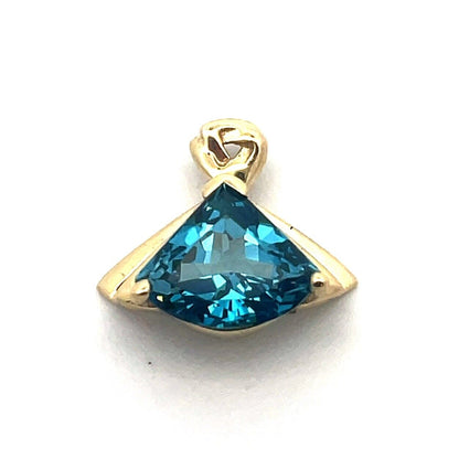 Designer 14K Yellow Gold Trillion Cut London Blue Topaz Statement Drop Pendant