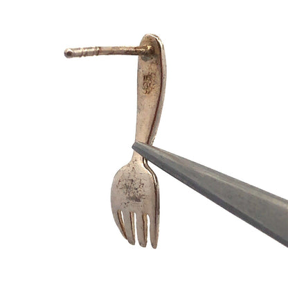 Vintage 925 Sterling Silver Fork Spoon Utensils Cookware Drop Stud Earrings