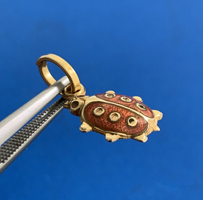 14K Yellow Gold Red Enamel Lady Bug Insect Charm Pendant