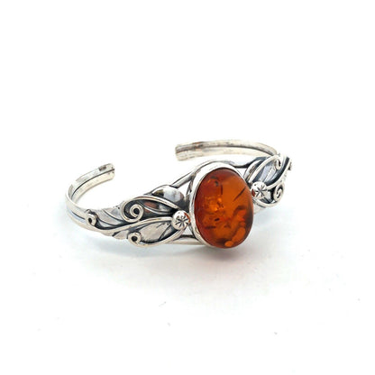 Vintage 925 Sterling Silver Oval Amber Leaves Nature Cuff Bracelet