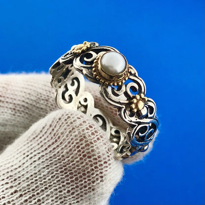 Stunning Sterling Silver 925 Mabe White Pearl Openwork Wavy Ring Size 9.25