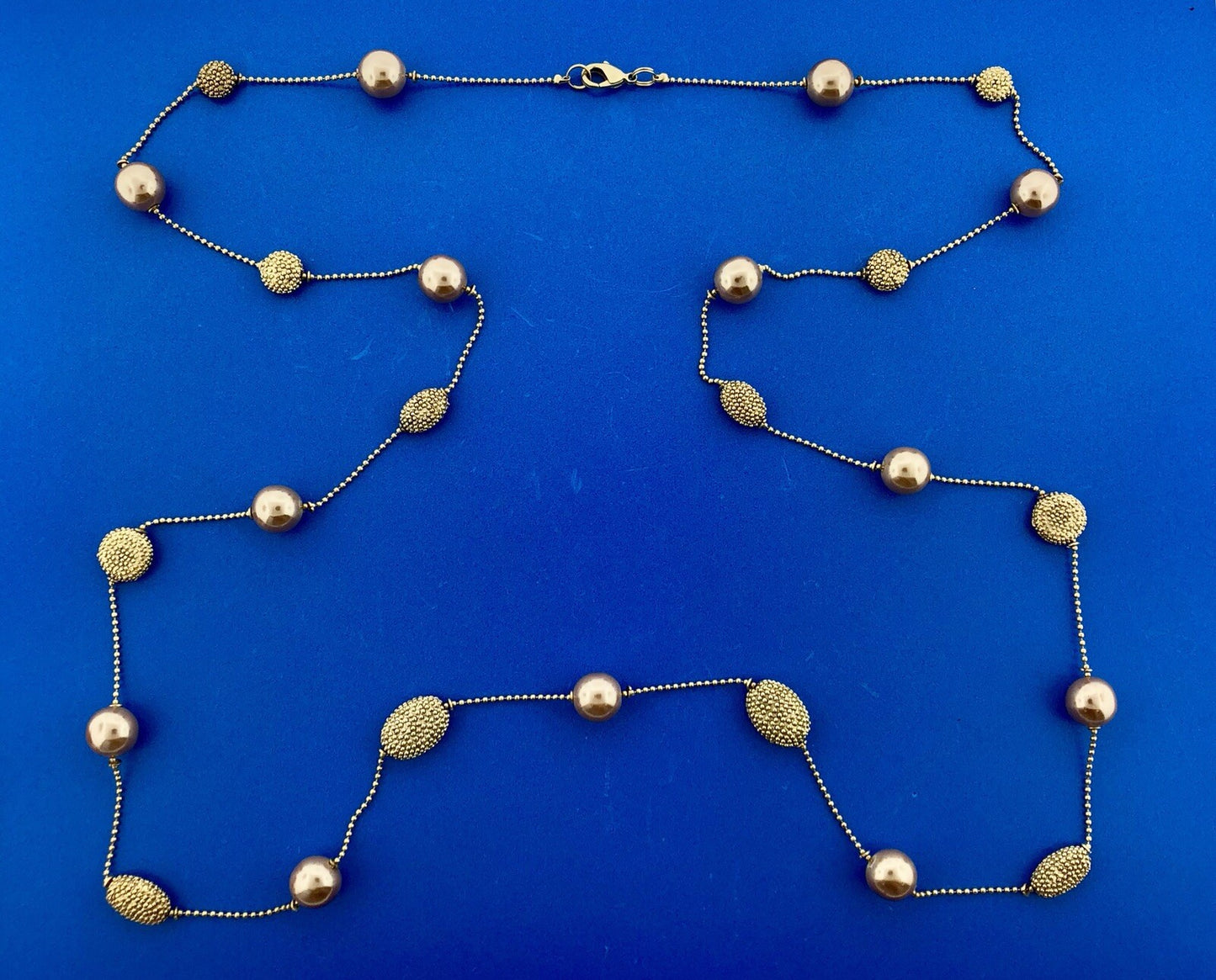 Retro Gold Tone Beaded Egg Oval Faux Bronze Pearl Station Beaded Chain Necklace