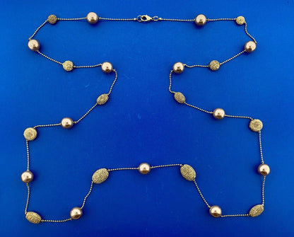 Retro Gold Tone Beaded Egg Oval Faux Bronze Pearl Station Beaded Chain Necklace