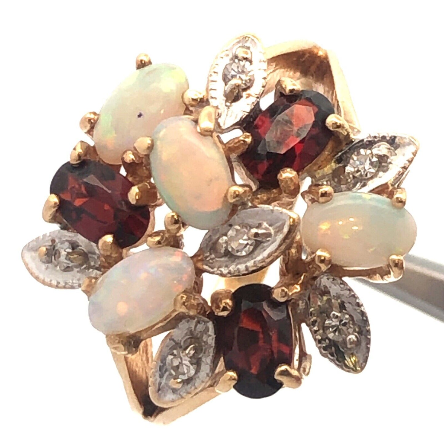 Vintage 14K Yellow Gold Opal Garnet Diamond Floral Cluster Anniversary Ring