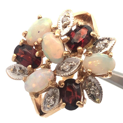 Vintage 14K Yellow Gold Opal Garnet Diamond Floral Cluster Anniversary Ring
