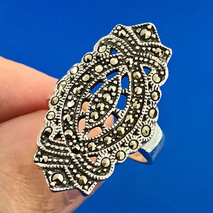 Retro 925 Sterling Silver Marcasite Filigree Scroll Statement Cocktail Ring