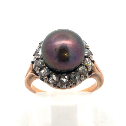 Retro 14k Yellow Gold Bronze Pearl Faceted Champagne Diamond Halo Cocktail Ring