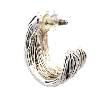 Estate Sterling Silver Textured Ribbed Modernist Drop Dangle Half Hoop Earrings