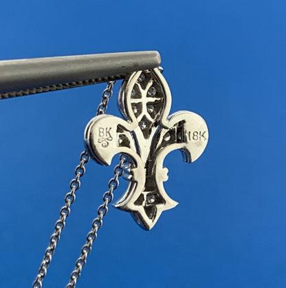 Designer BK 18k White Gold Round Cut Diamond Fleur De Lis 16.5" Chain Necklace
