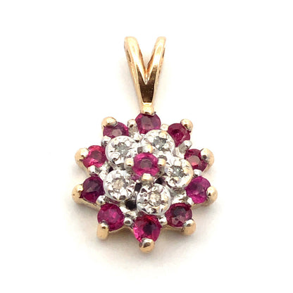 Vintage 14K Yellow Gold Round Ruby Diamond Cluster Flower Pendant