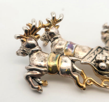 Vintage Silver Gold Tone Santa & Sled Brooch/Pendant Clip Earrings 3 Pc Set
