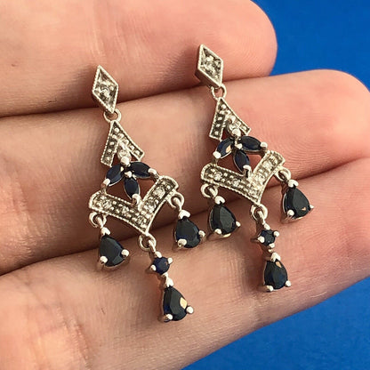 Fabulous 14K White Gold Sapphire Diamond Accented Chandelier Dangle Earrings