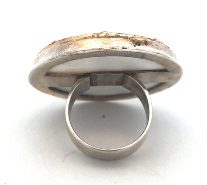 Lori Leavitt 925 Sterling Silver Gold Two Tone Asian White Jade Statement Ring