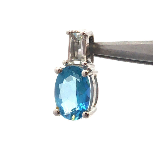 10K White Gold Oval Swiss Blue Topaz White Amethyst October Anniversary Pendant