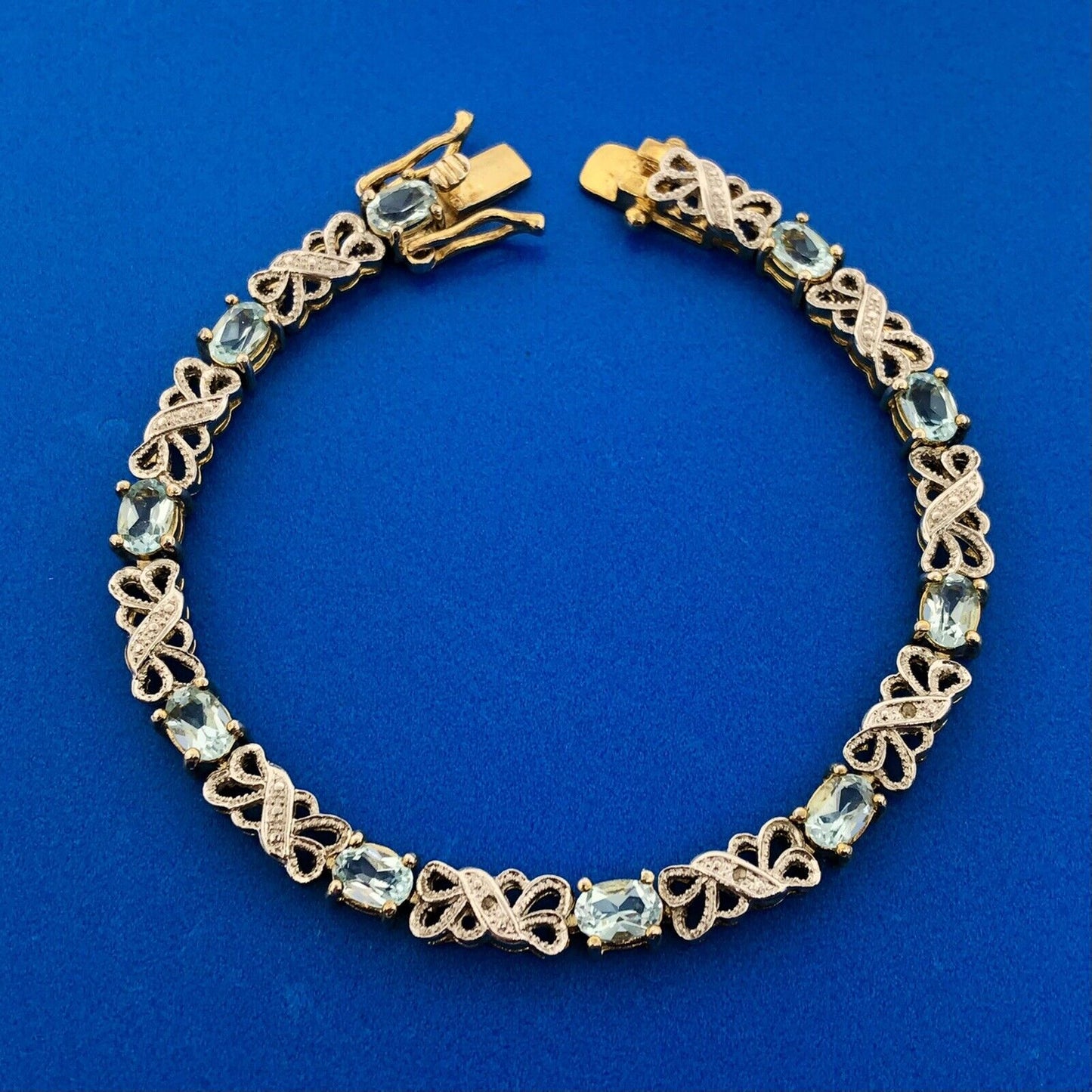Gold Vermeil Sterling Silver 925 Blue Topaz Diamond 7.5" Tennis Bracelet