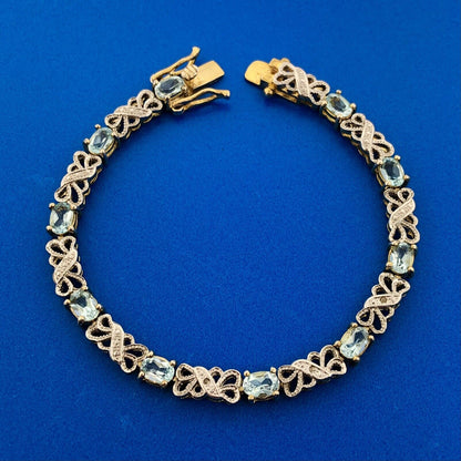 Gold Vermeil Sterling Silver 925 Blue Topaz Diamond 7.5" Tennis Bracelet