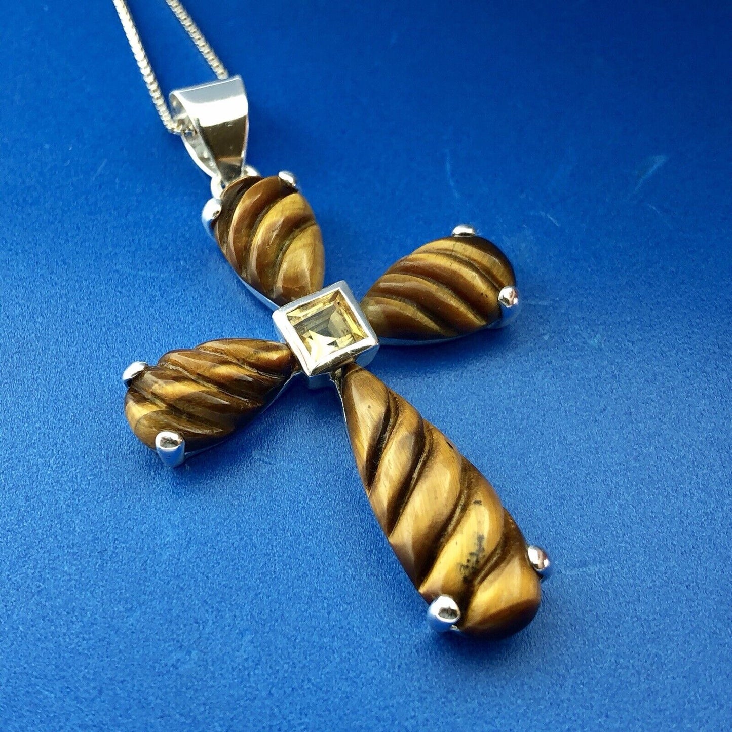 Designer GSJ Sterling Silver 925 Citrine Tigers Eye Cross Statement Necklace