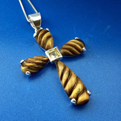Designer GSJ Sterling Silver 925 Citrine Tigers Eye Cross Statement Necklace