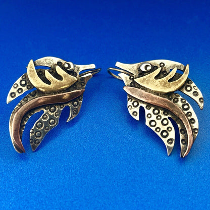 Artisan 925 Sterling Silver Brass Copper Textured Modernist Angel Fish Earrings