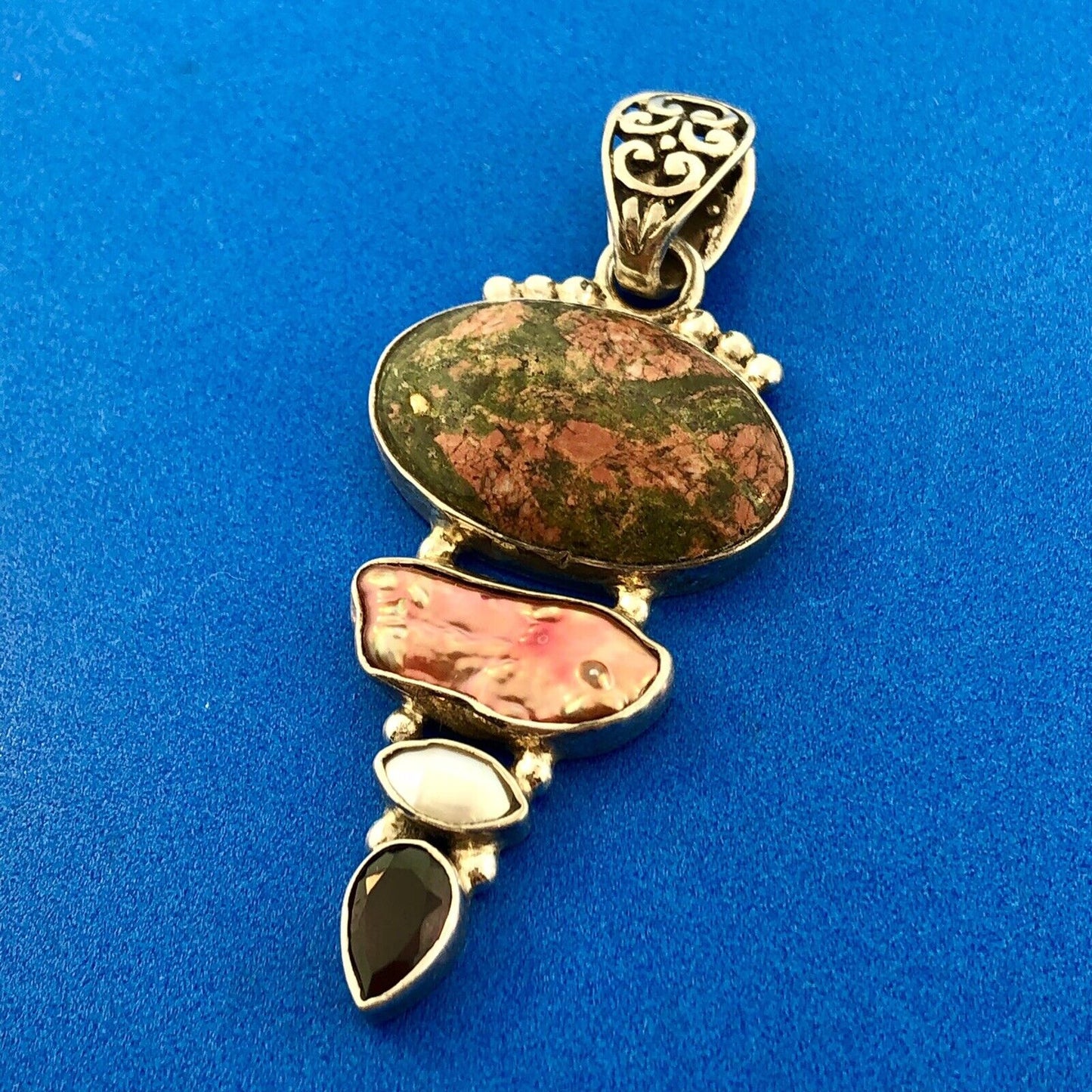 Sterling Silver 925 Unakite Mother Of Pearl Garnet Pearl Statement Pendant