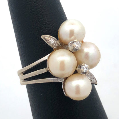 14K White Gold Pearl Diamond Cluster Bridal Anniversary Birthday Cocktail Ring