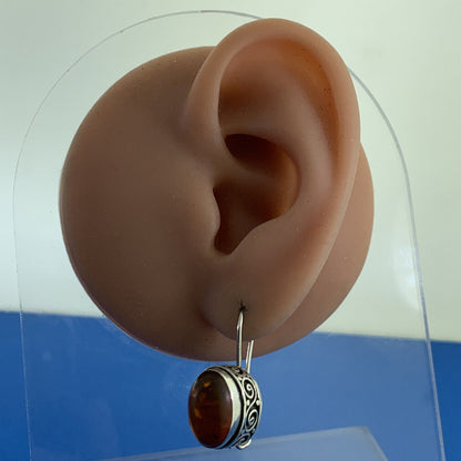 925 Sterling Silver Oval Amber Cabochon Balinese Style Drop Hook Earrings