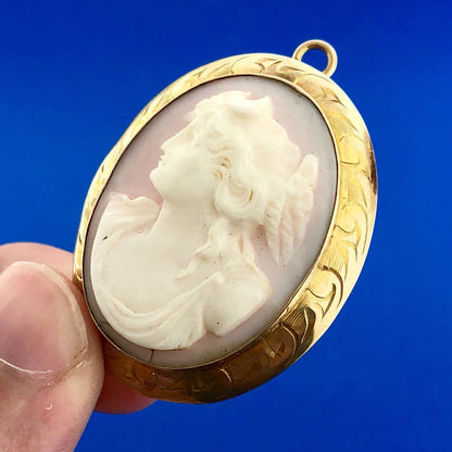 Victorian 10K Yellow Gold Pink Cameo Left Etched Frame Statement Brooch Pendant