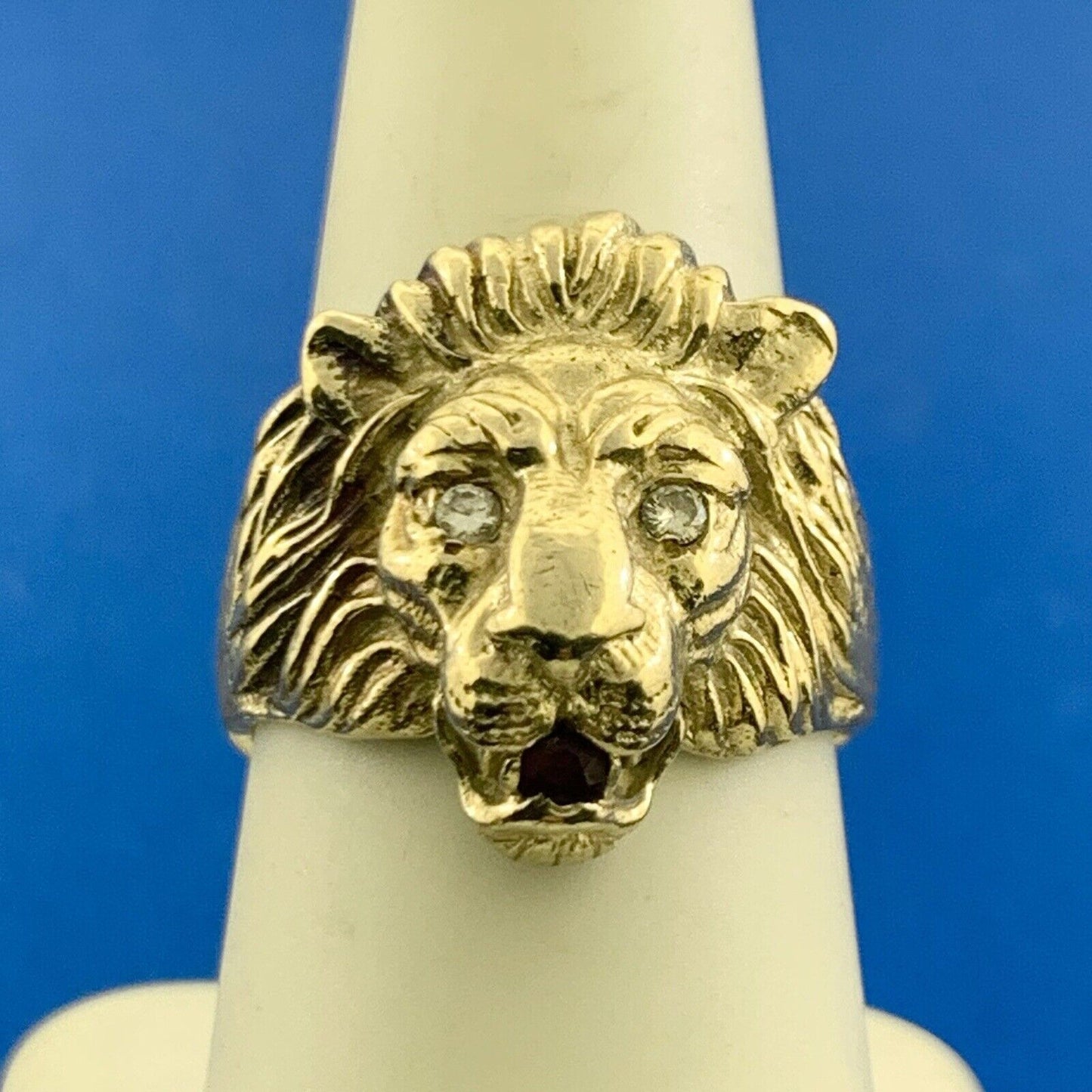 Custom 14K Yellow Gold Diamond Eyes Ruby Mouth Lions Head Statement Ring