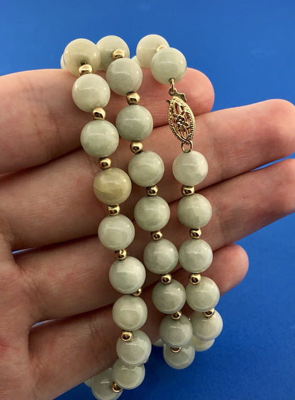 Designer 14K Yellow Gold Jade Jadeite Bead Ball Filigree Clasp Necklace