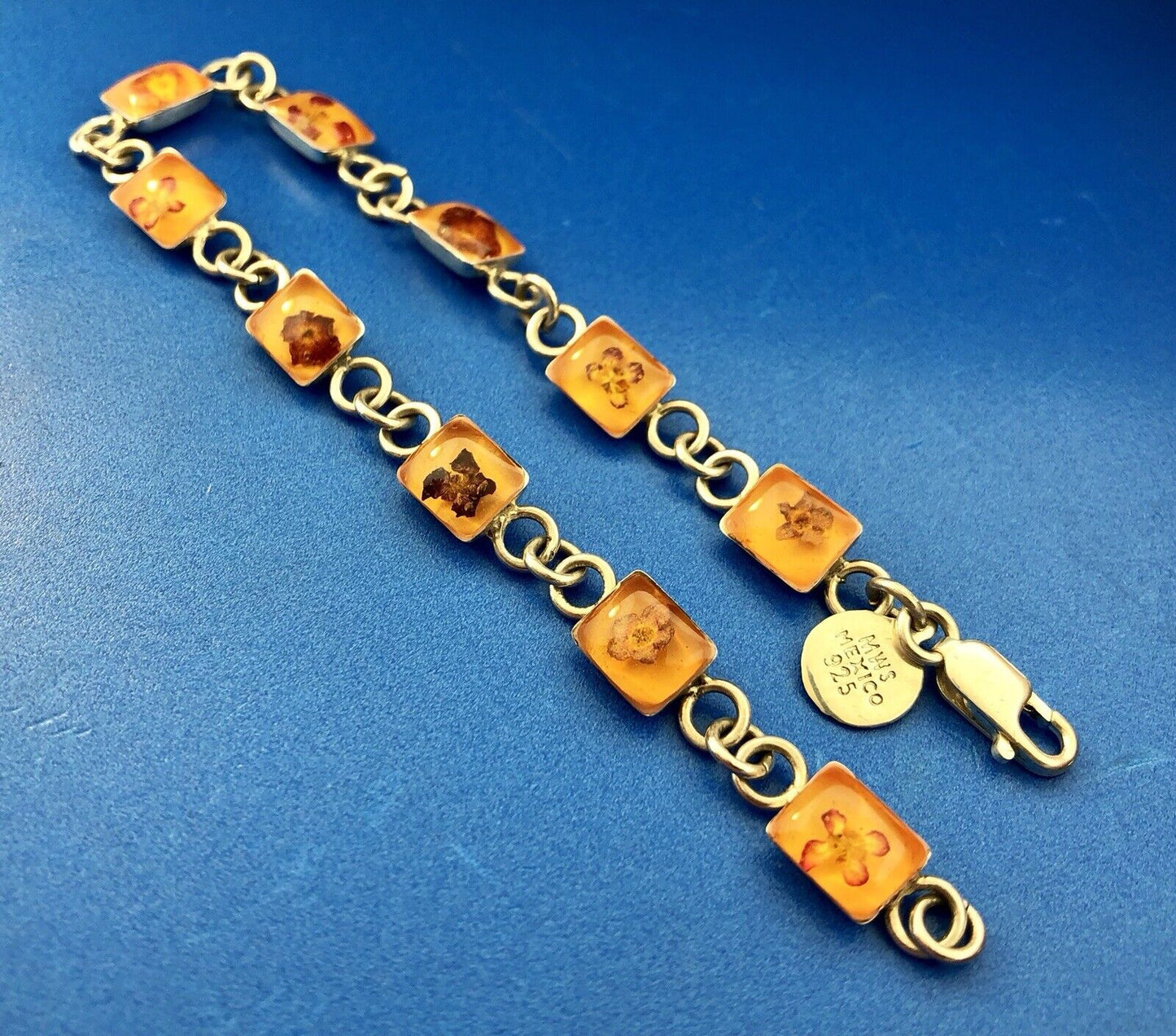 Vintage MWS Taxco Sterling Silver 925 Amber Encased Flower Bud Panel Bracelet
