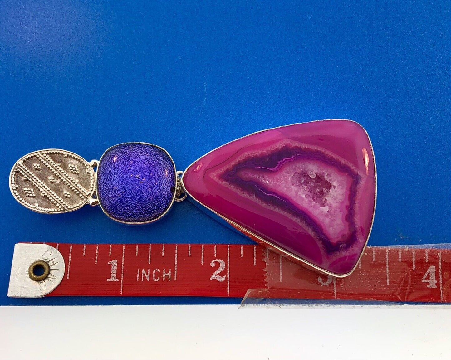 Sterling Silver 925 Pink Fushia Deep Purple Druzy Quartz Geode Statement Pendant