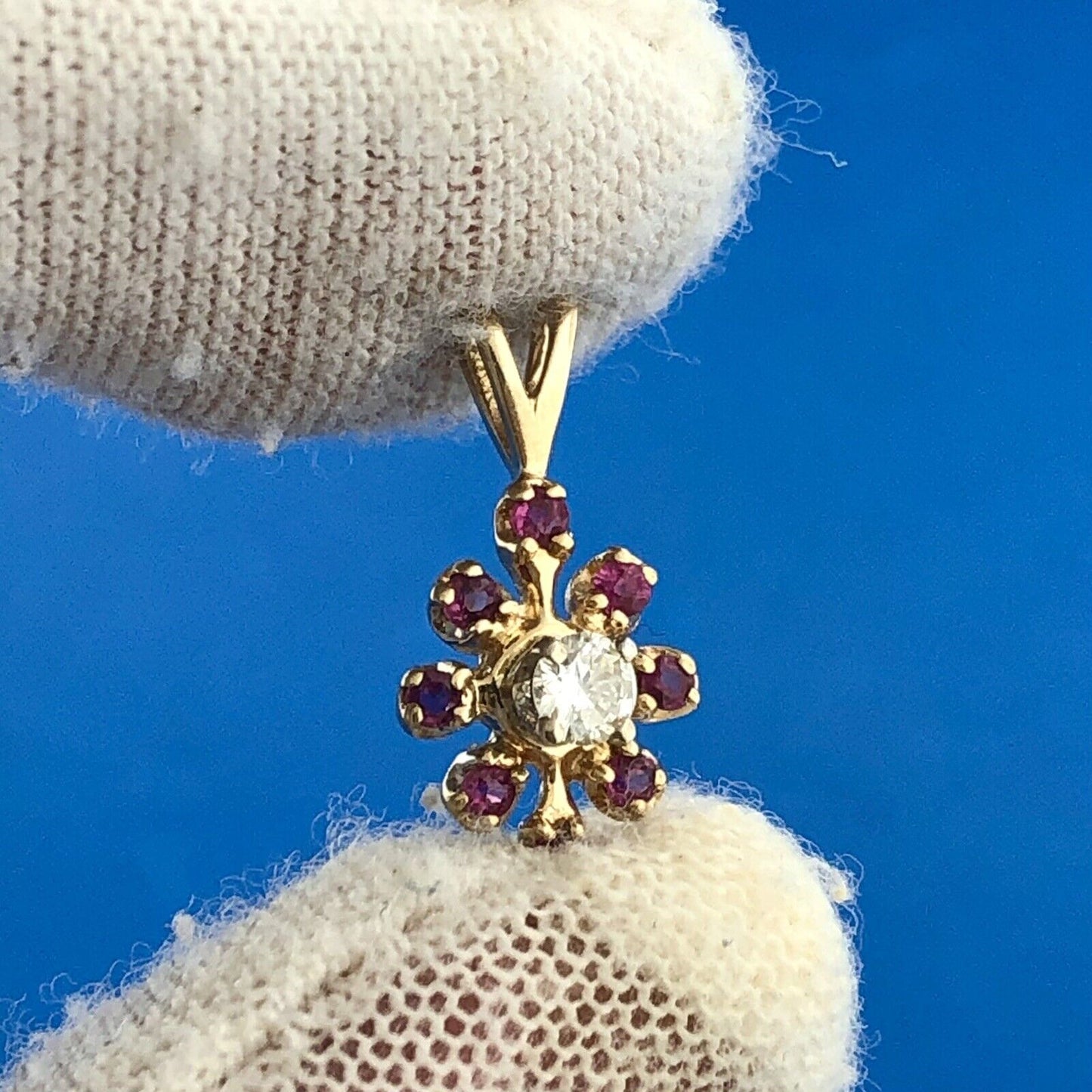 Vintage 14K Yellow Gold Ruby Diamond Floral Starburst July Anniversary Pendant