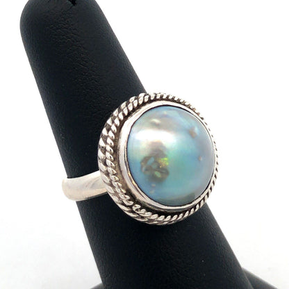 Vintage 925 Sterling Silver Round Akoya Pearl Bezel Solitaire Dome Ring