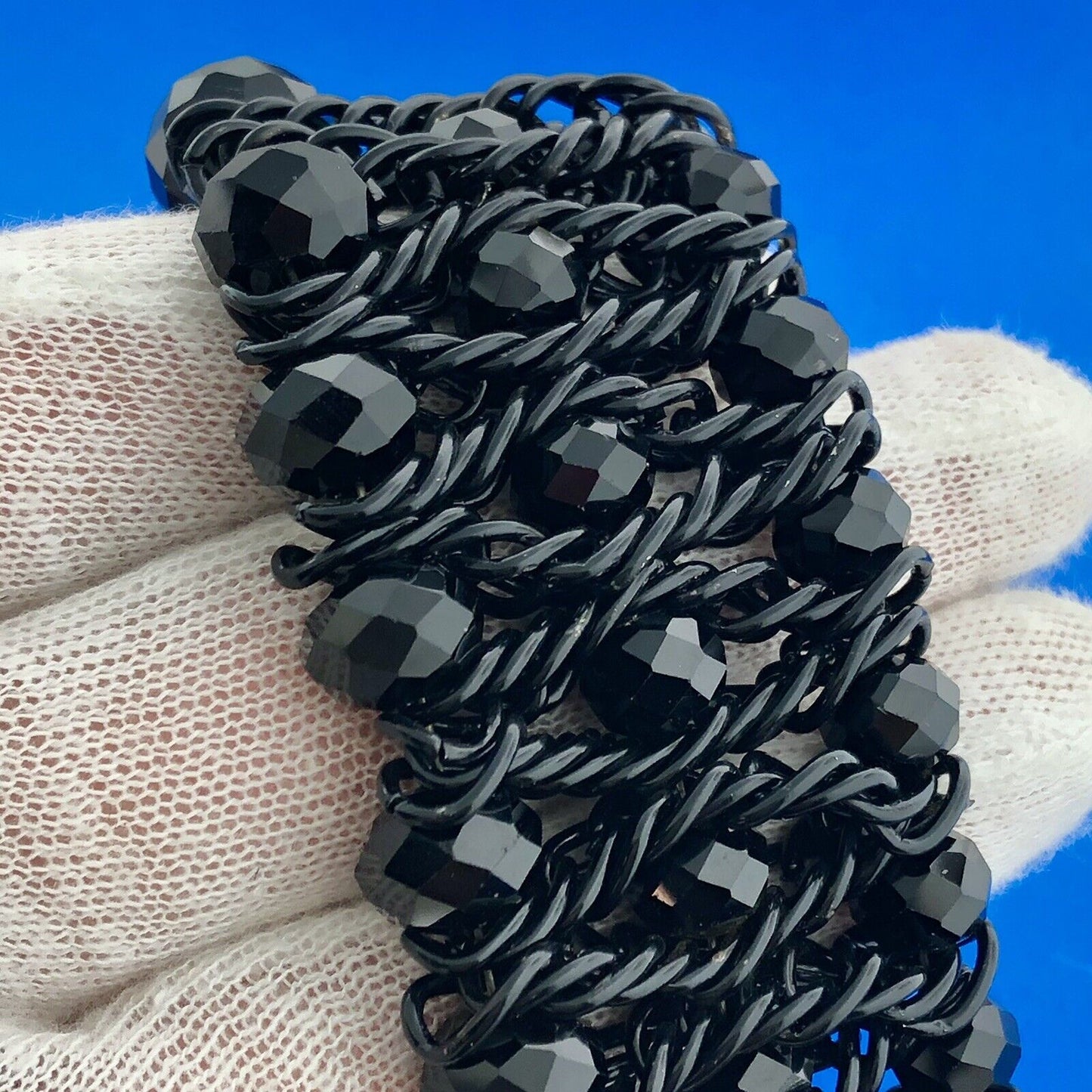 Mid Century Black Toned Carved Beaded Black Jet Woven Statement Necklace Bib