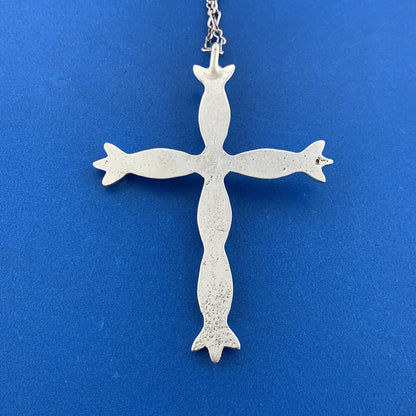 Native American Signed TQ Sterling Silver Turquoise Totem Pole Cross Necklace