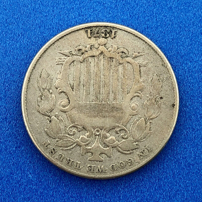 1874 P Shield Nickel Variety 2 Scarce Rare Better Key Philadelphia Mint Coin