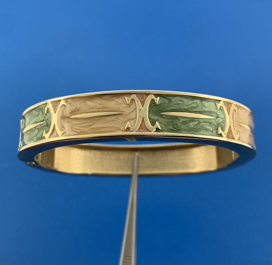 Retro 1980's Gold Tone Pale Peach Green Enamel Hinged Cuff 2 Bracelet Set