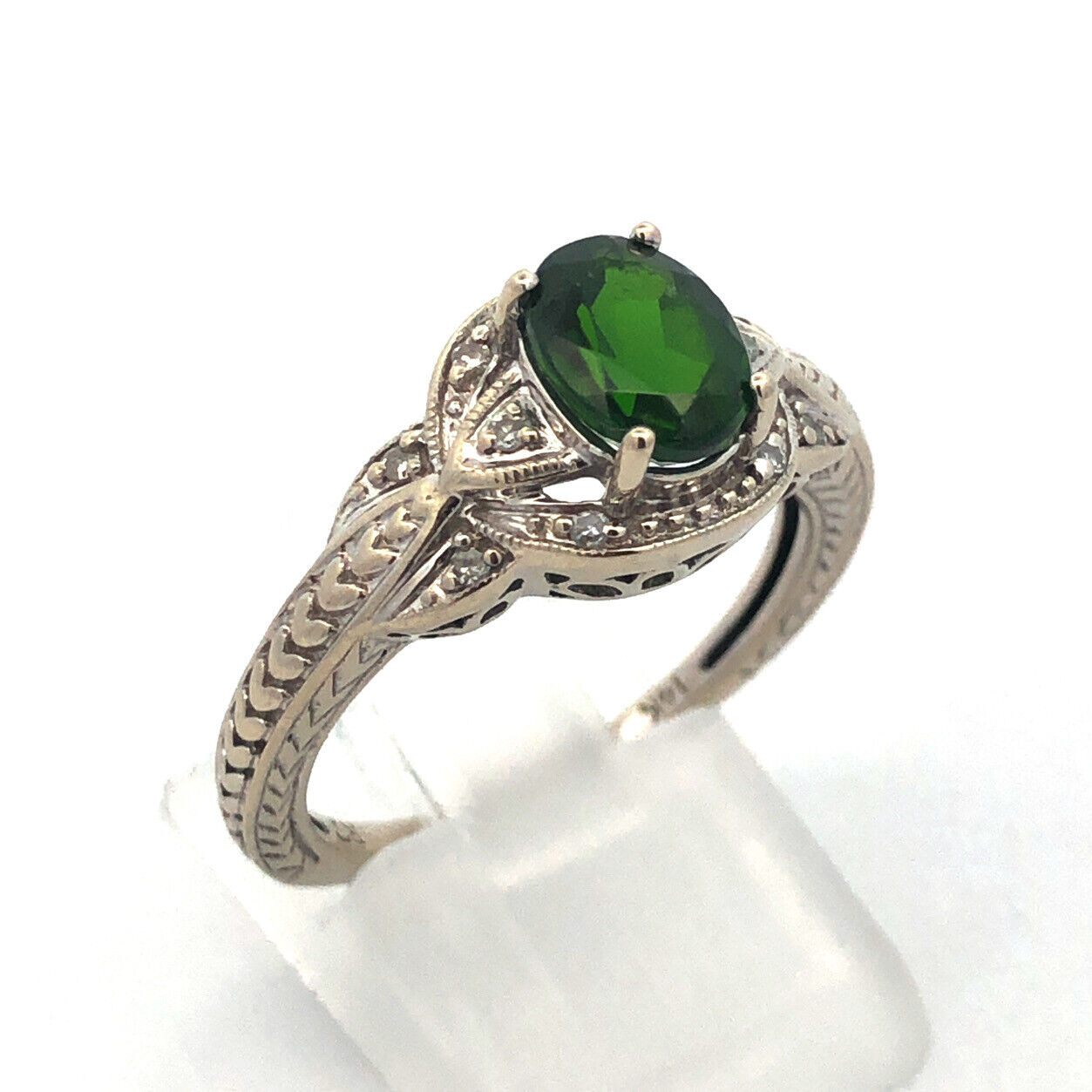 Designer RT 14K White Gold Oval Green Tourmaline Diamond Accented Ring