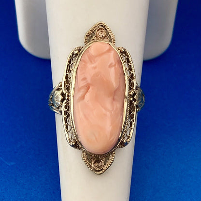 Victorian 14K Yellow Gold Carved Pink Cameo Filigree Statement Finger Ring