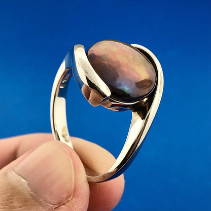 Designer 925 Sterling Silver Burgundy Abalone Cabochon Modernist Bypass Ring