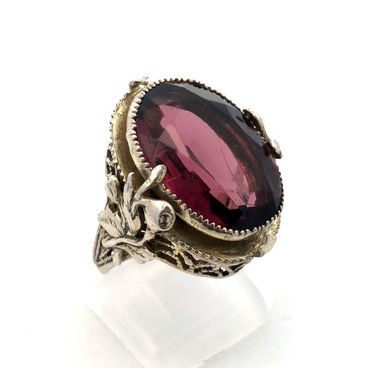 Vintage 925 Sterling Silver Faceted Purple Glass Floral Filigree Scroll Ring