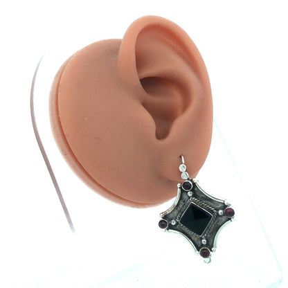 Vintage 925 Sterling Silver Black Onyx Amethyst Hook Statement Dangle Earrings