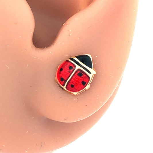 Designer JCM 14KT Yellow Gold Red Black Enamel Lady Bug Stud Earrings