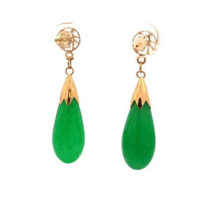 Vintage 14K Yellow Gold Teardrop Bright Green Jade Chinese Luck Dangle Earrings